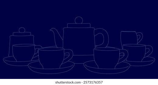 Blue background with a row of teapots and cups. The teapots are all different sizes and shapes, and the cups are placed in front of them. Scene is cozy and inviting