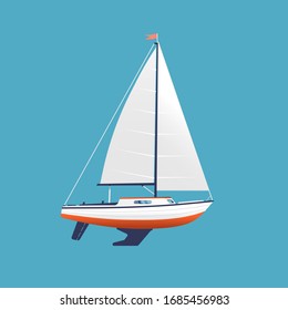 Blue background. Sailing yacht in flat style isolated background. Vector illustration.