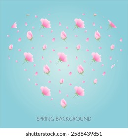 Blue background with sakura. Flowers and petals pink colors. Vector illustration for warming season