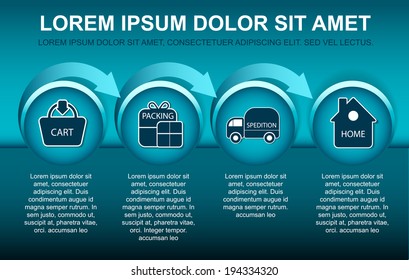 Blue background with scheme for purchase in the online store with symbols and place for text content