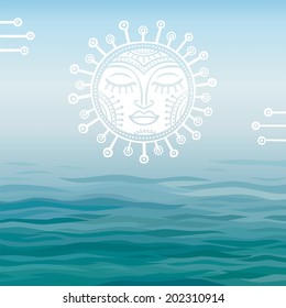 blue background the sea with a sun symbol