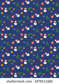 Blue Background Seamless Christmas Pattern Filled with Snowman, Christmas Tree, Star and Gift