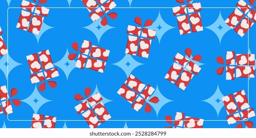 blue background seamless Christmas pattern with red gift icons. design for banner, poster, greeting card, social media.