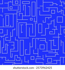 blue background with seamless pattern of white lines and squares. Lines in the form of a labyrinth. Squares of different sizes. The overall design is simple and minimalistic, without any other element