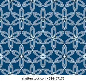 blue background with seamless sacred pattern. silver triangle flower. vector illustration. for design invitation, wallpaper, fabric