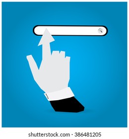 Blue background with a search bar and a mouse hand