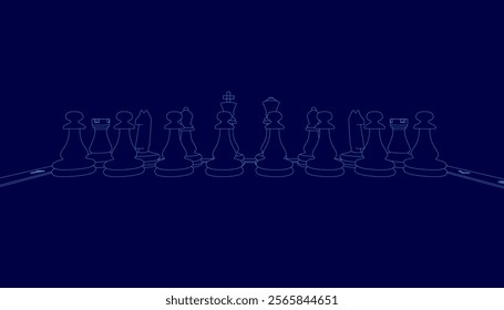 Blue background with a series of chess pieces. The chess pieces are arranged in a line, with some of them being closer to the top and others closer to the bottom. Scene is one of focus