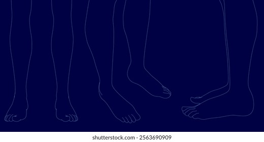 Blue background with a series of feet in different positions. The feet are drawn in blue, and the image has a futuristic feel to it