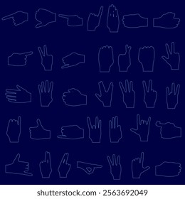 Blue background with a series of hand drawings. The hand drawings vary in size and position, with some pointing upwards and others pointing downwards. Scene is playful and whimsical