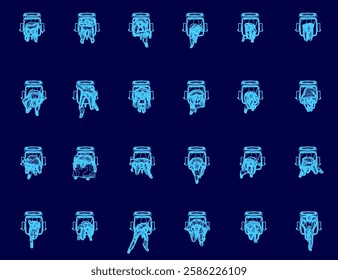 A blue background with a series of images of people seating in armchairs in various poses. The images are all of the same size and are arranged in a grid. Scene is somewhat abstract and surreal. Top v