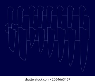 Blue background with a series of knives drawn on it. The knives are all lined up in a row, with the first knife on the left and the last one on the right. The knives are all different sizes