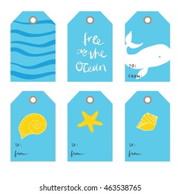 Blue background, shells. Set of 6  creative tags  templates with marine theme design. blue and yellow Creative printable hand drawn  label. Cute tags for text and design