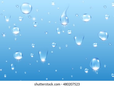 Blue background with shiny water drops. Vector paper illustration.