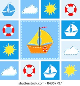 Blue background with ship. Vector illustration.
