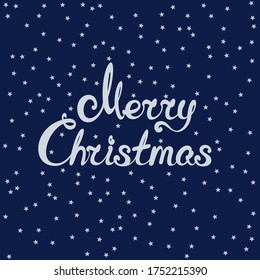 Blue background with silver metallic stars, starry night sky and text Merry Christmas , holiday background, vector illustration