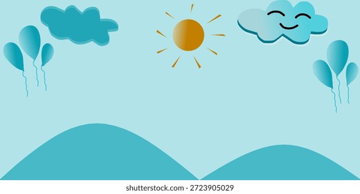 Fondo azul con decoraciones de cielo y globo. Montaña y sol como decoraciones. Estilo de Fondo de pantalla de Premium para sus necesidades de diseño.