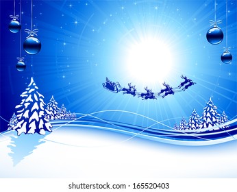 Blue background with SantaÃ¢Â?Â?s sleigh, Christmas tree, balls and stars, illustration