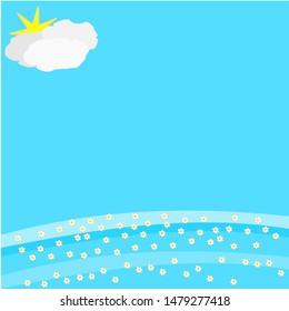 Blue background with small flowers and sunshine covered by clouds