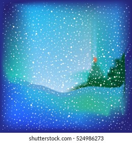 Blue background with snow and Christmas tree. vector