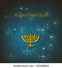 Blue background with snowflakes. Congratulations to the Jewish religious holiday of Hanukkah. Caption gold Happy Hanukkah. Chanukia golden. Chanukah candle. Vector illustration.