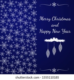 Blue background with snowflakes. Happy New Year and Merry Christmas. Vector postcard.
