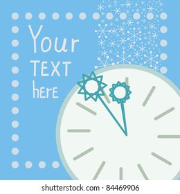 blue background with snowflakes, round clock and arrows