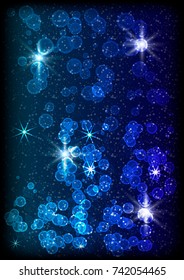Blue background with snowflakes  and snow for celebrating the Happy New Year and Christmas. Abstract template for brochure, cover,  poster, flyer. Vector.  Banner in A4 size. 