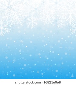 Blue background with snowflakes.  Snowfall with stars
