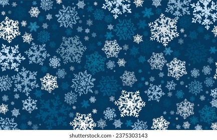 Fondo azul con copos de nieve, está nevando. copos de nieve de diferentes formas y formas. Copos de nieve, nevadas. Caída de la nieve. Antecedentes de С navidad