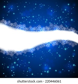 Blue background with snowflakes and stars, illustration.