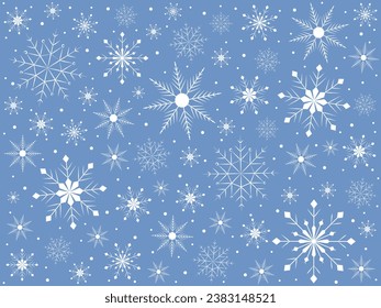 Fondo azul con copos de nieve. Ilustración vectorial para volantes, pancartas, tarjetas, carteles, diseño. Navidad y Año Nuevo.