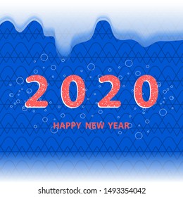 Blue background, snowy ice border - decorative red numbers - vector. Congratulation 2020. Happy New Year. Merry Christmas.