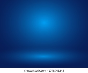 Blue background with soft light on middle, floor, 3d room background, space for text, objects, vector illustration 