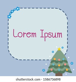 blue background with space for writing the message in the middle, Christmas trees and flowers