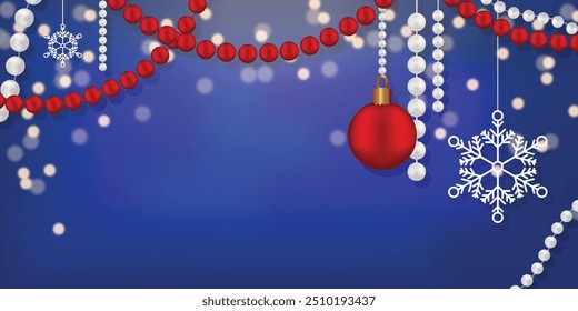 Blue background Sparkles bokeh Xmas mood Merry Christmas greeting card Holiday flyer New Year poster cover banner Shiny lights White pearl beads  Red ball Snowflakes Copy space Winter template