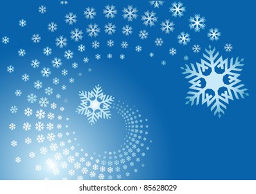 Blue background with spiral of snowflakes. Vector illustration.