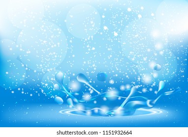 Blue background with splash of water. Suitable for advertising cosmetic products, beverages. Vector illustration