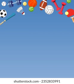 Blue background with sport balls and gaming items. Healthy lifestyle tools, elements. Vector Illustration
