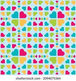 Blue background with square compositions of colorful hearts. Romantic seamless pattern. Ornament, texture for wallpaper, paper, packaging, textile, fabric, home decor