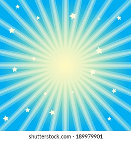 Blue background with stars and radiating light rays.