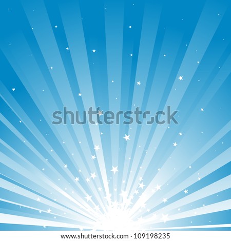 Blue background of stars and rays of light.