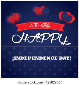 Blue background with stars, text and a ribbon with balloons for independence day celebrations