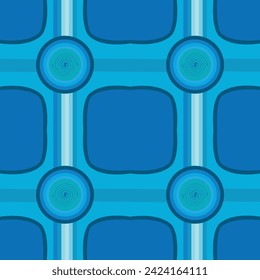 Blue background with stripes intersecting a big circle with a spiral in the middle