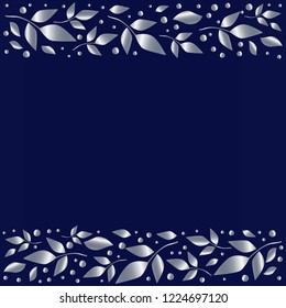Blue background stylized as blue velvet with decorative stripes align top and below with silver leaves and dots for decoration, scrapbooking paper, wedding invitation,greeting card,text, cover of book