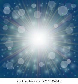 Blue  Background. Sun Burst on Blue Background. Ray Background with Stars.
