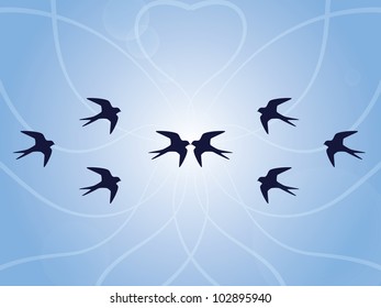 Blue background with swallows