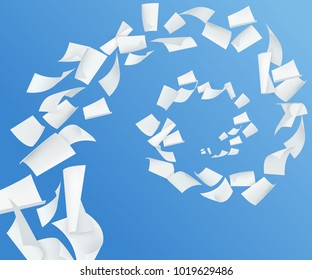 Blue background with swirl of white blank paper sheets  with curved corners in realistic style vector illustration 