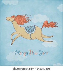 Blue background with symbol of 2014 New Year. Horse on christmas card. Vector Illustration.