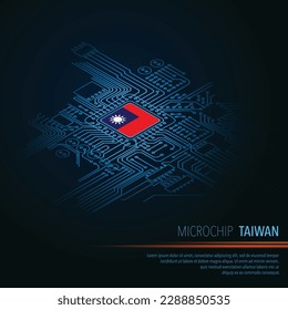 Blauer Hintergrund mit Taiwan Flag Mikrochip und Perspektive elektrischen Schaltbrett Silhouette. Elektronische Technologieboards mit cpu aus Taiwan