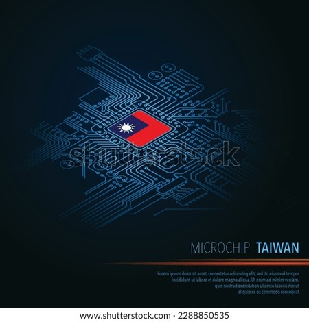 Blue background with Taiwan flag microchip and perspective electric circuit board silhouette. Electronic technology boardwith cpu made in Taiwan